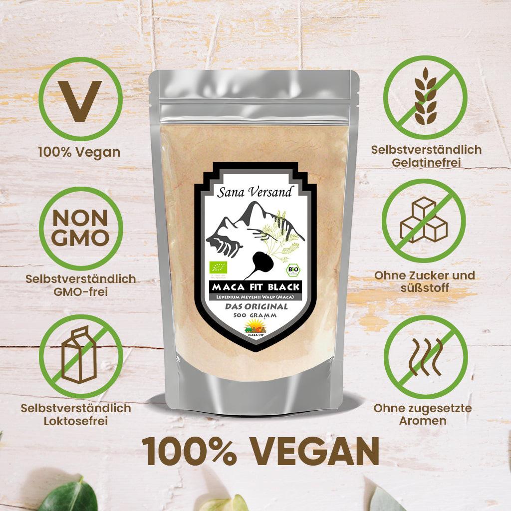 Schwarzes Maca Pulver 500g BIO in der Verpackung von Sana-Versand