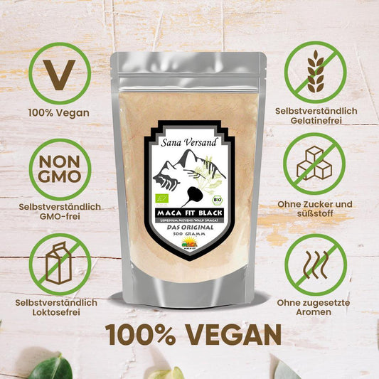 Schwarzes Maca Pulver 500g BIO in der Verpackung von Sana-Versand